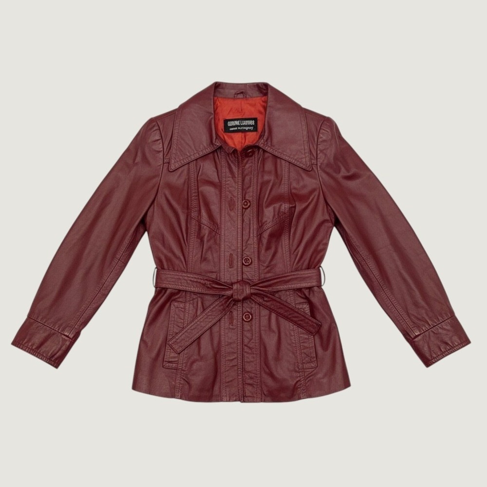 Vintage 70s Burgundy Red Leather Safari Jacket Belted Made in Uruguay